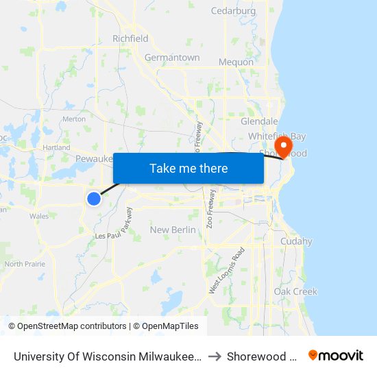 University Of Wisconsin Milwaukee at Waukesha to Shorewood WI USA map
