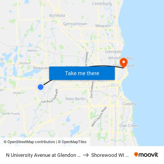 N University Avenue at Glendon Way to Shorewood WI USA map