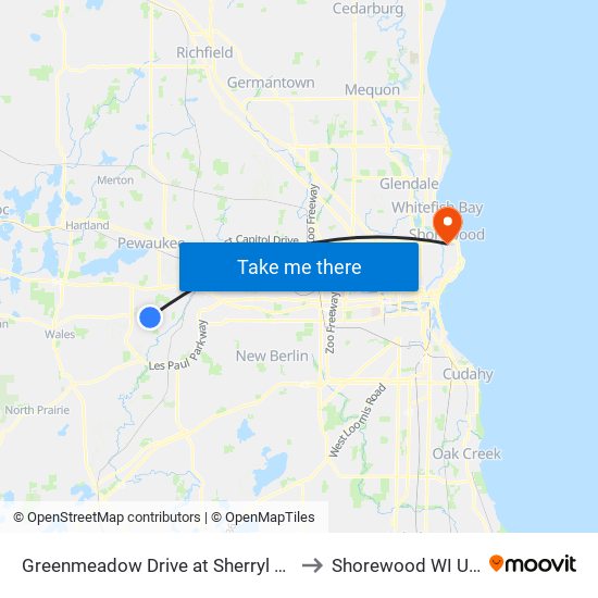 Greenmeadow Drive at Sherryl Lane to Shorewood WI USA map