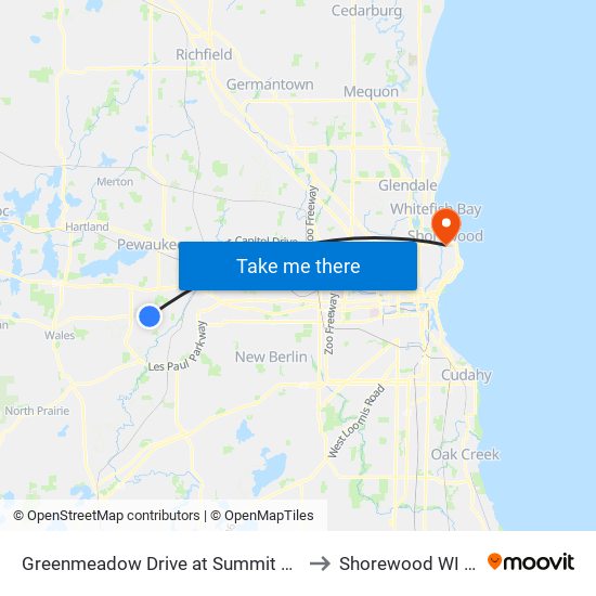 Greenmeadow Drive at Summit Avenue to Shorewood WI USA map