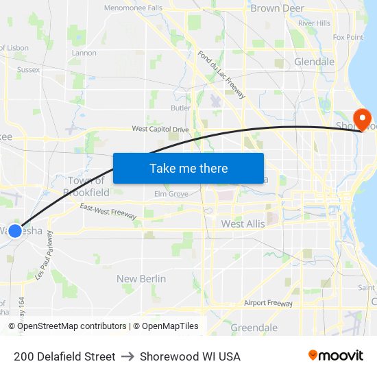 200 Delafield Street to Shorewood WI USA map