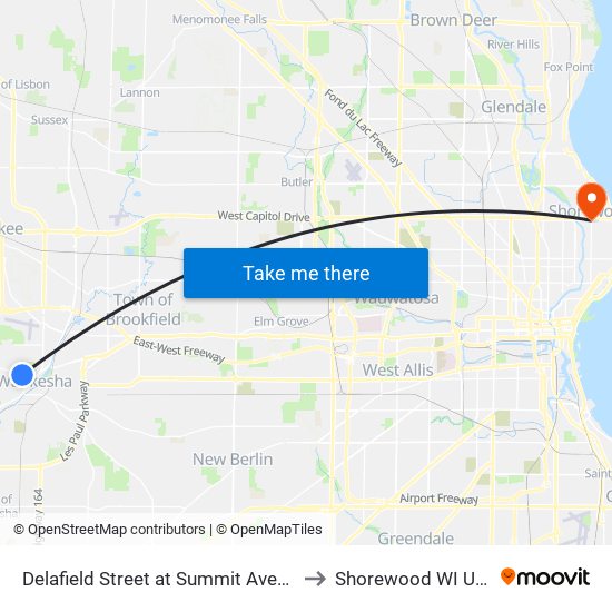 Delafield Street at Summit Avenue to Shorewood WI USA map