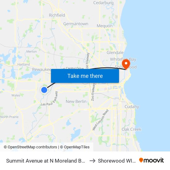 Summit Avenue at N Moreland Boulevard to Shorewood WI USA map