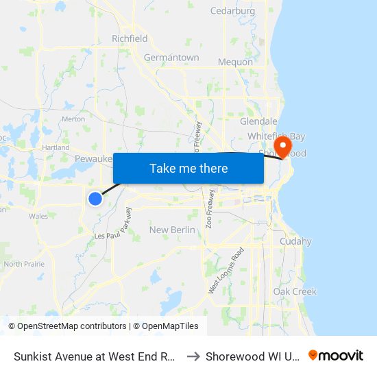 Sunkist Avenue at West End Road to Shorewood WI USA map