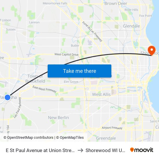 E St Paul Avenue at Union Street to Shorewood WI USA map