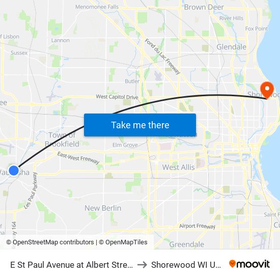 E St Paul Avenue at Albert Street to Shorewood WI USA map