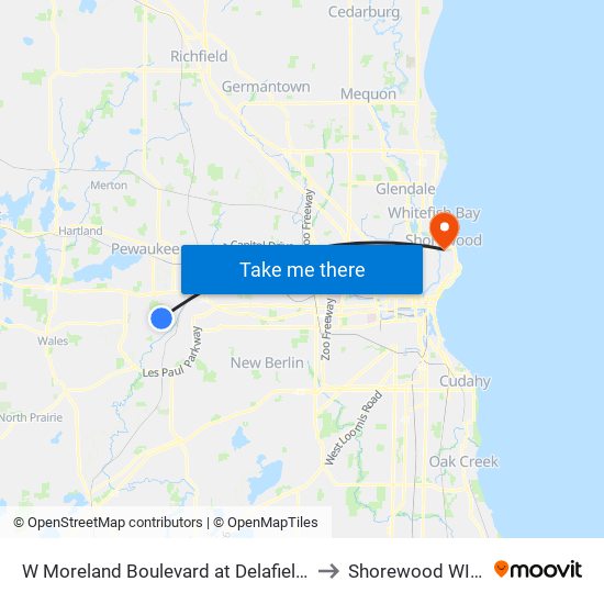 W Moreland Boulevard at Delafield Street to Shorewood WI USA map