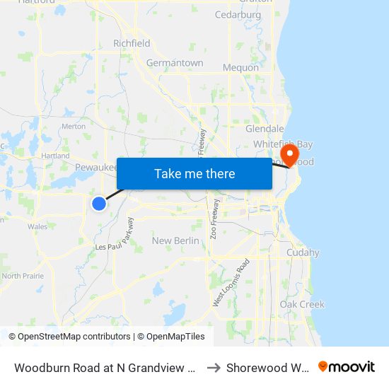 Woodburn Road at N Grandview Boulevard to Shorewood WI USA map