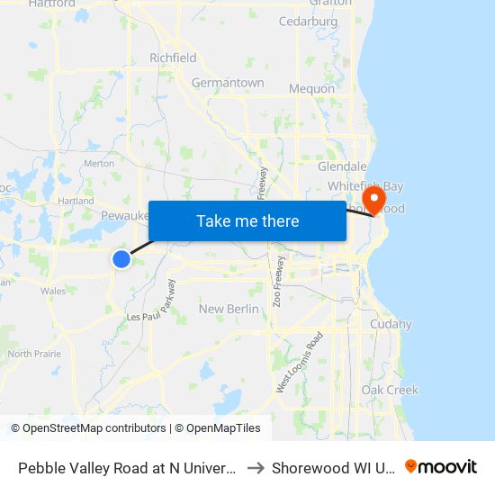 Pebble Valley Road at N University to Shorewood WI USA map