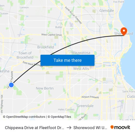 Chippewa Drive at Fleetfoot Drive to Shorewood WI USA map