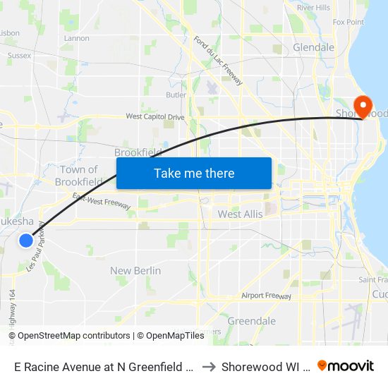 E Racine Avenue at N Greenfield Avenue to Shorewood WI USA map