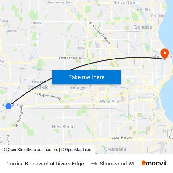 Corrina Boulevard at Rivers Edge Apartm to Shorewood WI USA map