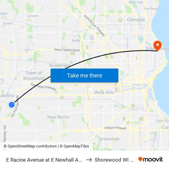 E Racine Avenue at E Newhall Avenue to Shorewood WI USA map