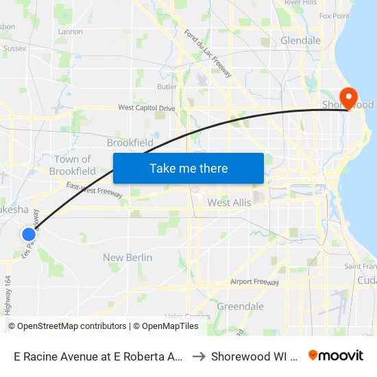 E Racine Avenue at E Roberta Avenue to Shorewood WI USA map