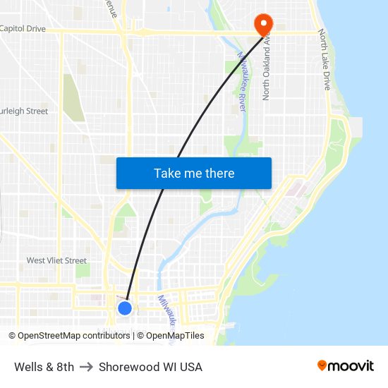 Wells & 8th to Shorewood WI USA map