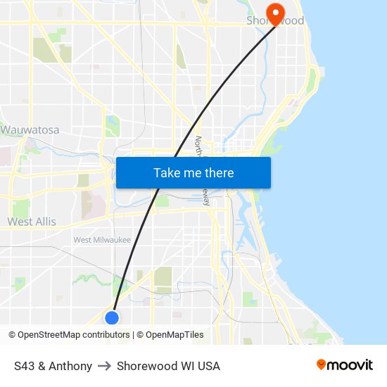 S43 & Anthony to Shorewood WI USA map