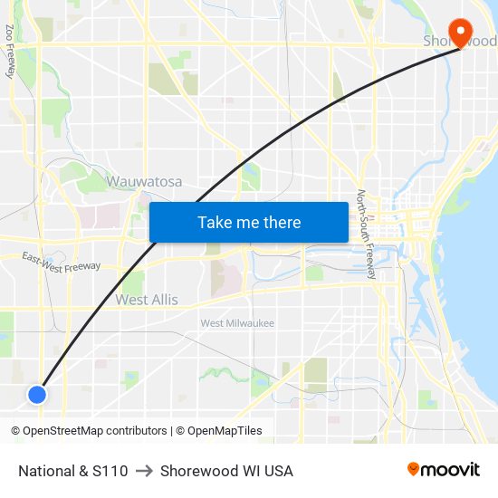 National & S110 to Shorewood WI USA map