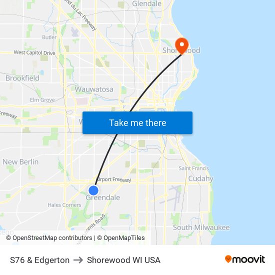 S76 & Edgerton to Shorewood WI USA map