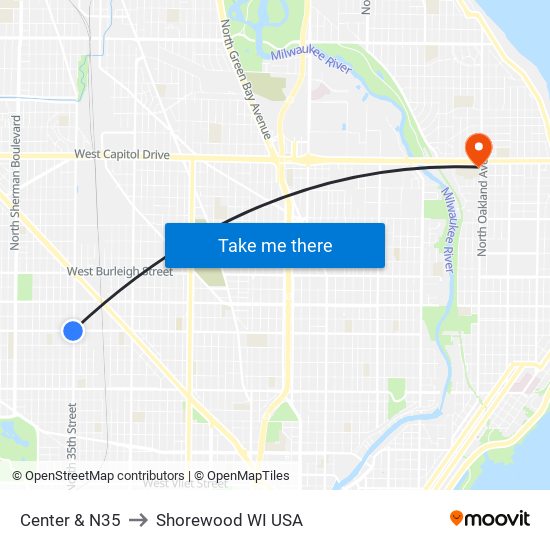 Center & N35 to Shorewood WI USA map