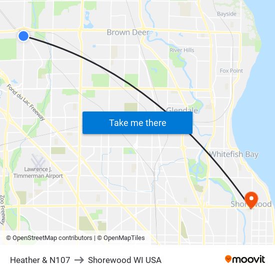 Heather & N107 to Shorewood WI USA map