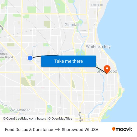 Fond Du Lac & Constance to Shorewood WI USA map