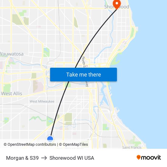Morgan & S39 to Shorewood WI USA map