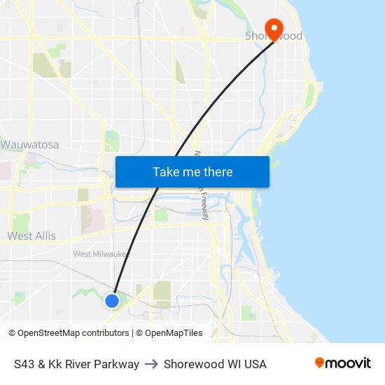 S43 & Kk River Parkway to Shorewood WI USA map