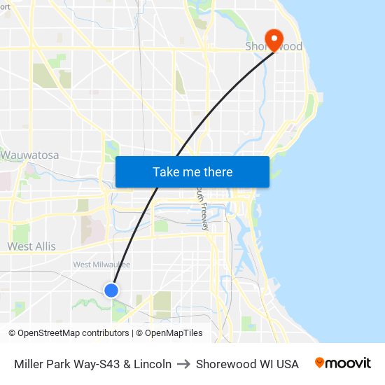 Miller Park Way-S43 & Lincoln to Shorewood WI USA map