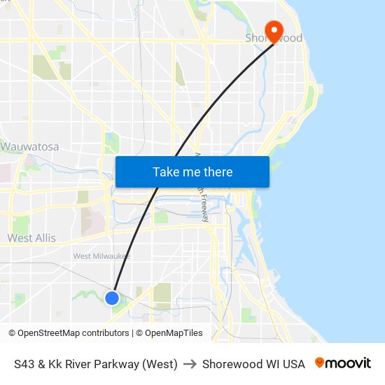 S43 & Kk River Parkway (West) to Shorewood WI USA map