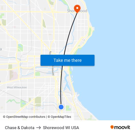 Chase & Dakota to Shorewood WI USA map