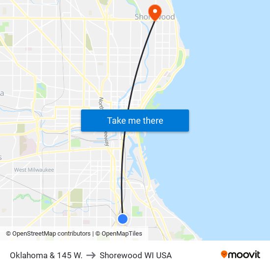 Oklahoma & 145 W. to Shorewood WI USA map