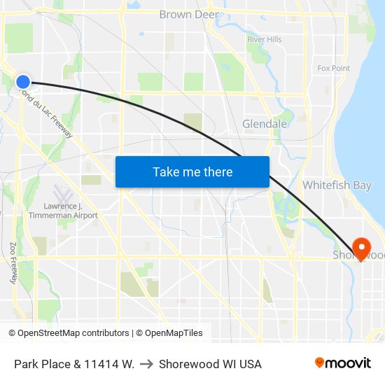 Park Place & 11414 W. to Shorewood WI USA map