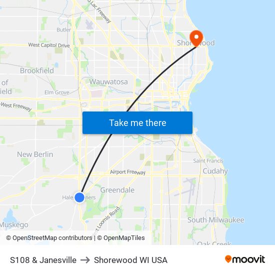 S108 & Janesville to Shorewood WI USA map