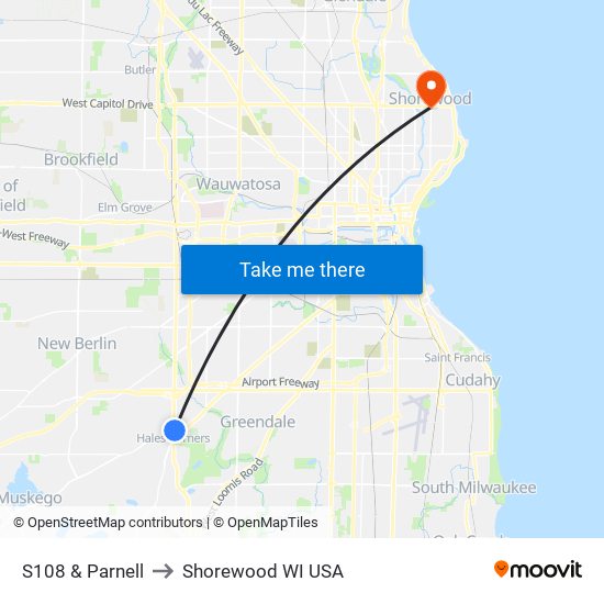 S108 & Parnell to Shorewood WI USA map