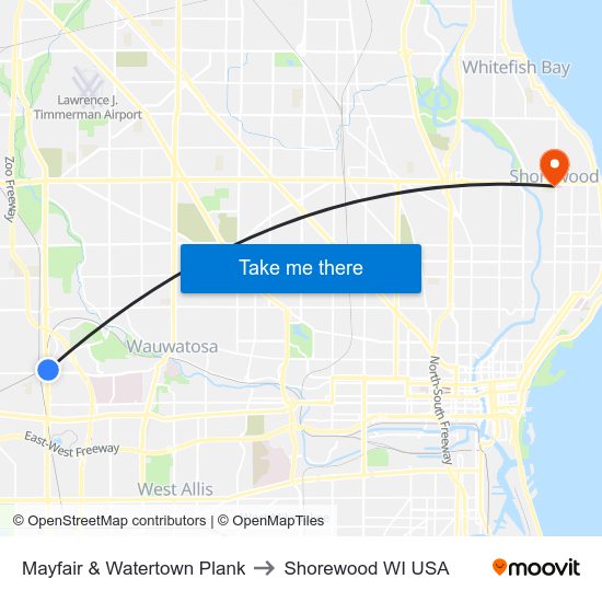 Mayfair & Watertown Plank to Shorewood WI USA map