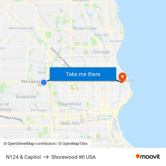 N124 & Capitol to Shorewood WI USA map