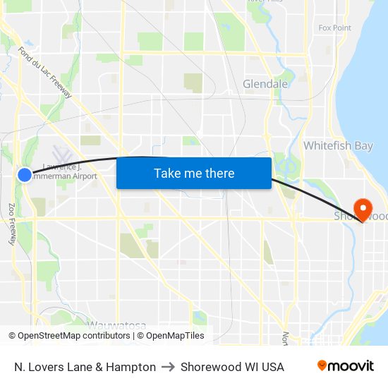 N. Lovers Lane & Hampton to Shorewood WI USA map