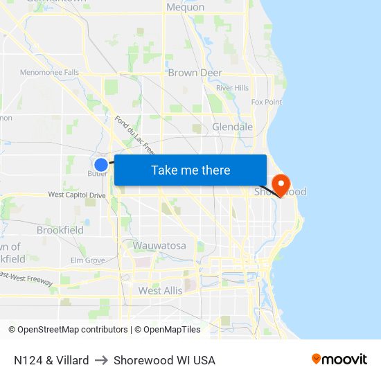 N124 & Villard to Shorewood WI USA map