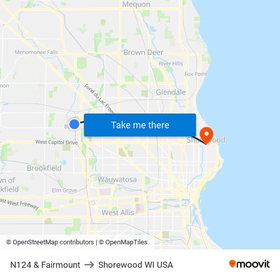 N124 & Fairmount to Shorewood WI USA map
