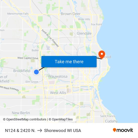 N124 & 2420 N. to Shorewood WI USA map