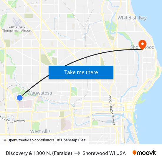 Discovery & 1300 N. (Farside) to Shorewood WI USA map