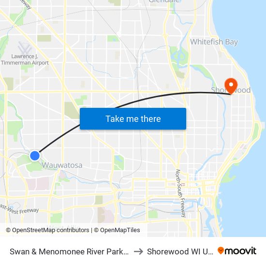 Swan & Menomonee River Parkway to Shorewood WI USA map