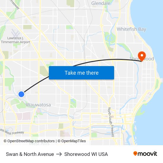 Swan & North Avenue to Shorewood WI USA map