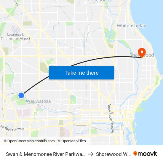 Swan & Menomonee River Parkway (Farside) to Shorewood WI USA map