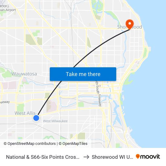 National & S66-Six Points Crossing to Shorewood WI USA map