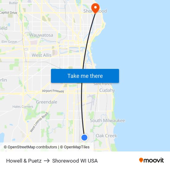 Howell & Puetz to Shorewood WI USA map