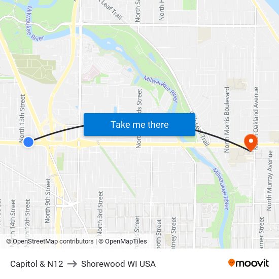 Capitol & N12 to Shorewood WI USA map