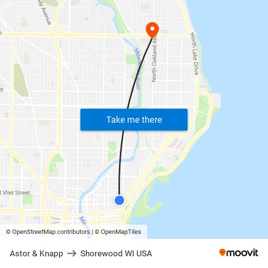 Astor & Knapp to Shorewood WI USA map