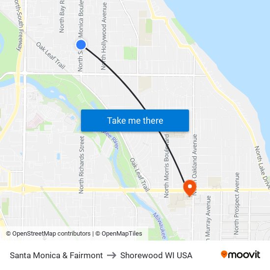 Santa Monica & Fairmont to Shorewood WI USA map