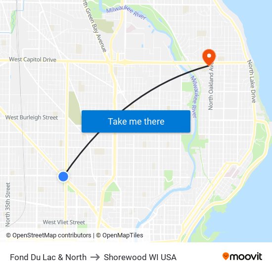Fond Du Lac & North to Shorewood WI USA map